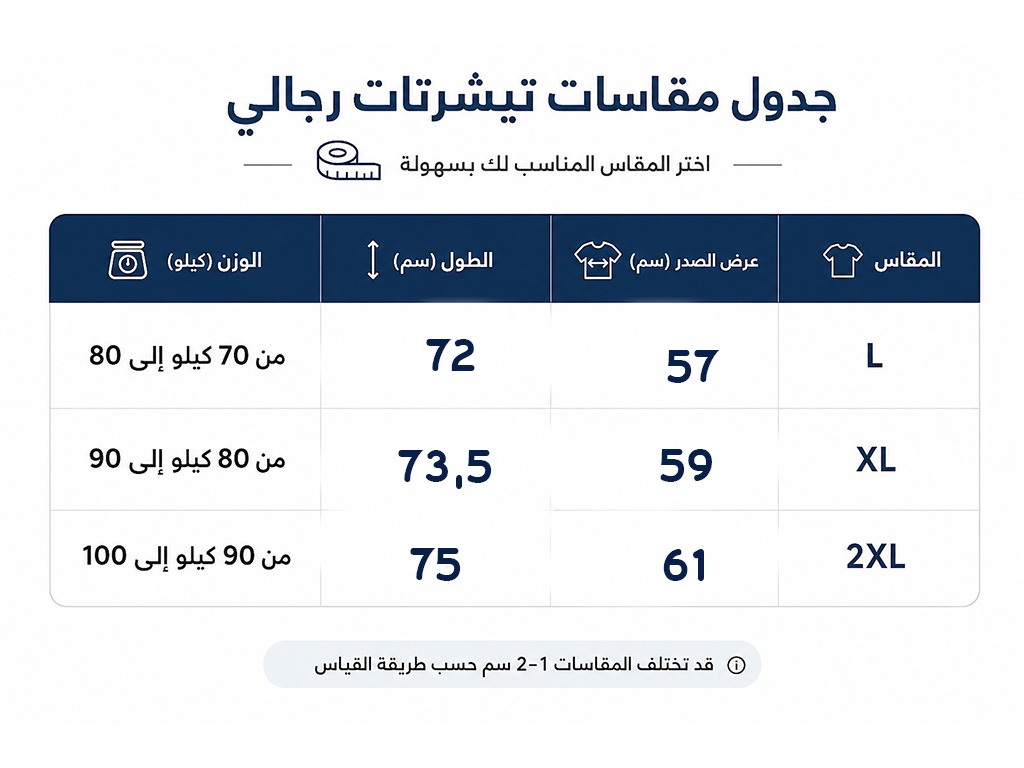 جدول مقاسات تيشيرتات رجالي